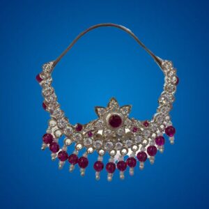 Traditional Silver-Tone Ruby Stone Nath | Bridal Nose Ring with Crystal & Bead Detailing